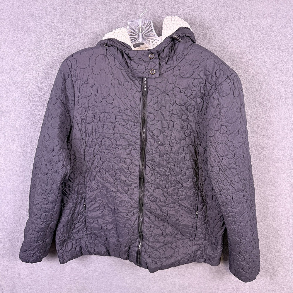 Disney Mickey Mouse Quilted Puffer Jacket Womens Large Black Sherpa Hooded Coat